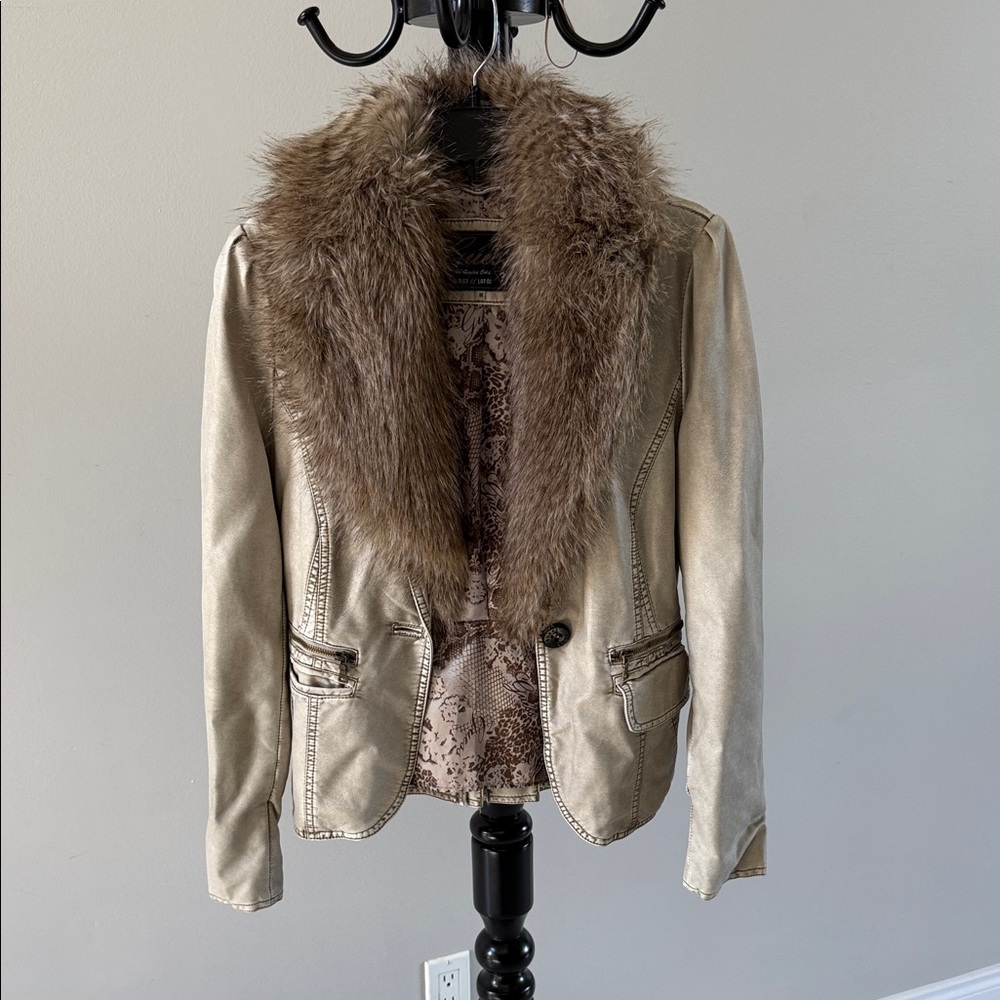 Guess Gold Blazer with Faux Fur Collar